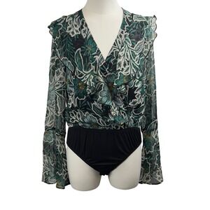 Band of the Free Bonnie Emerald Floral Long Bell Sleeve Bodysuit Size Small Boho